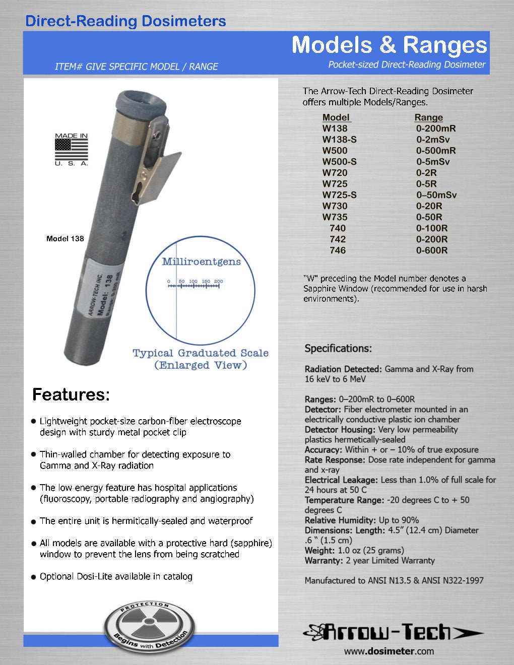 Direct - Reading Dosimeter - W138, 0 - 200mR with Sapphire Window - Koshersafe