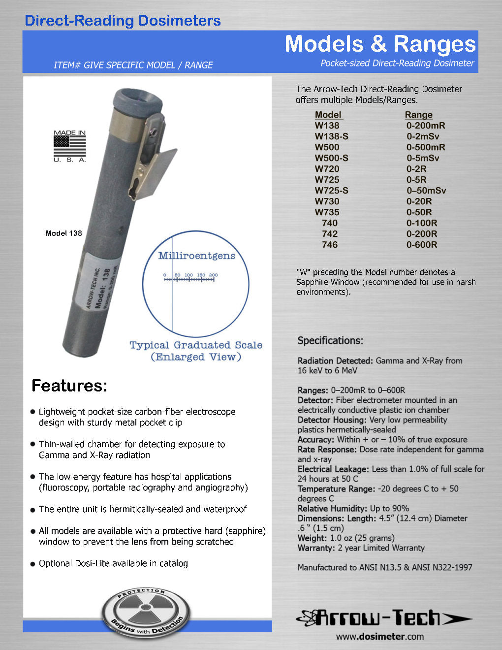 Direct-Reading Dosimeter - W138, 0-200mR with Sapphire Window