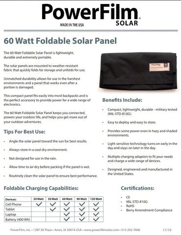 Powerfilm 60 Watt Foldable Solar Panel (F16 - 3600) Ultralight - Koshersafe